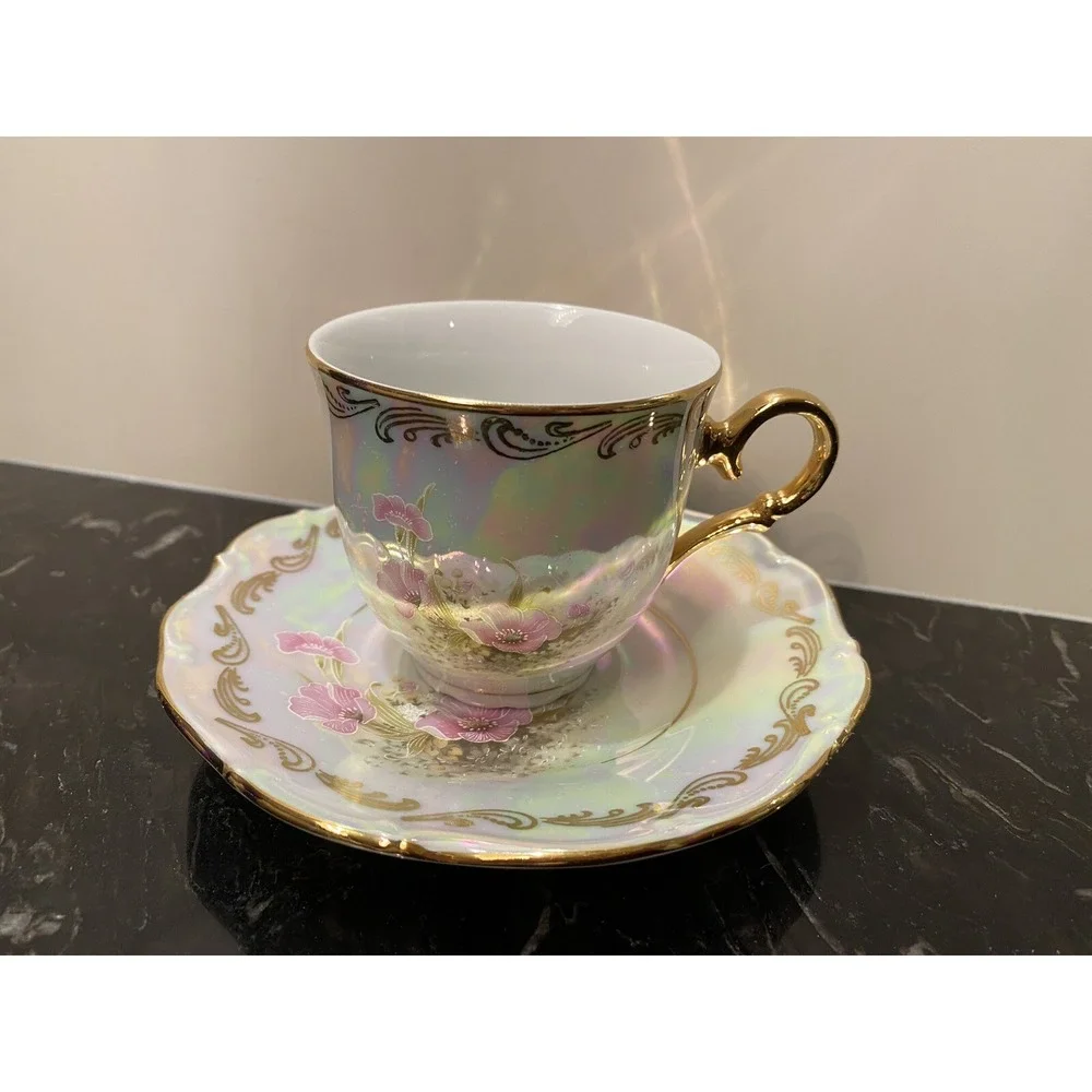 Vintage Bohemian Translucent Czechoslovakia Hand Painted Cup & Saucer
